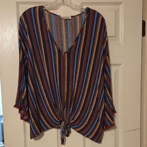 Peach Love California Blue and Brown Striped Tie-Front Blouse